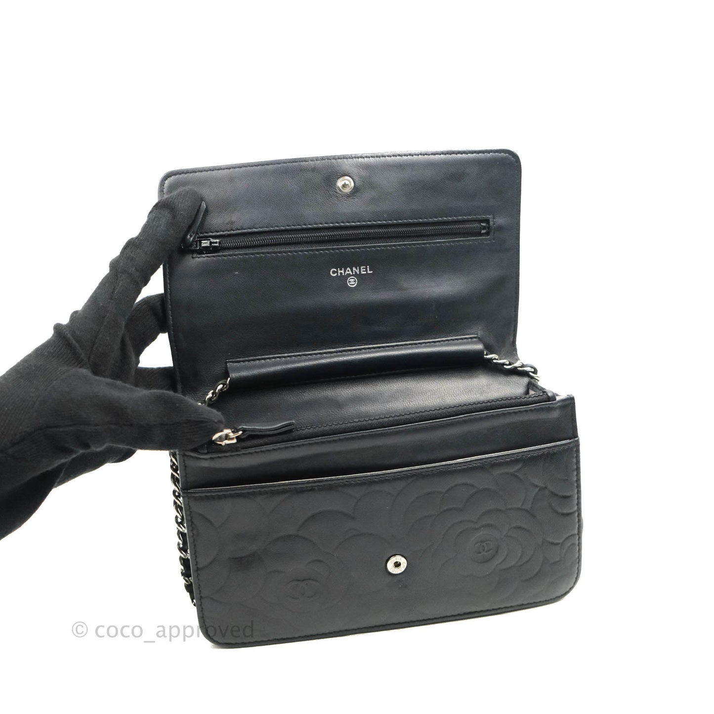 Chanel Camellia Wallet on Chain WOC Black Lambskin Silver Hardware