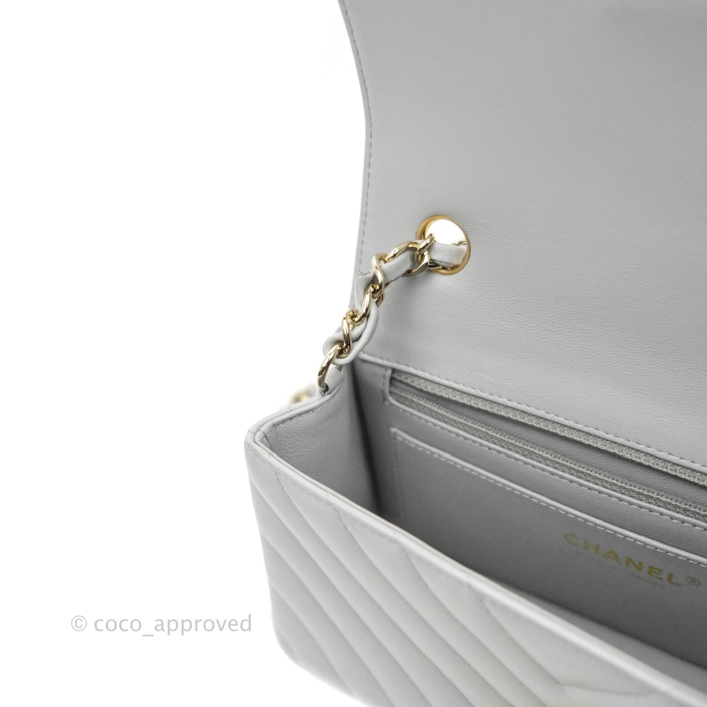 Chanel Chevron Mini Rectangular Flap Grey Lambskin Gold Hardware 20S