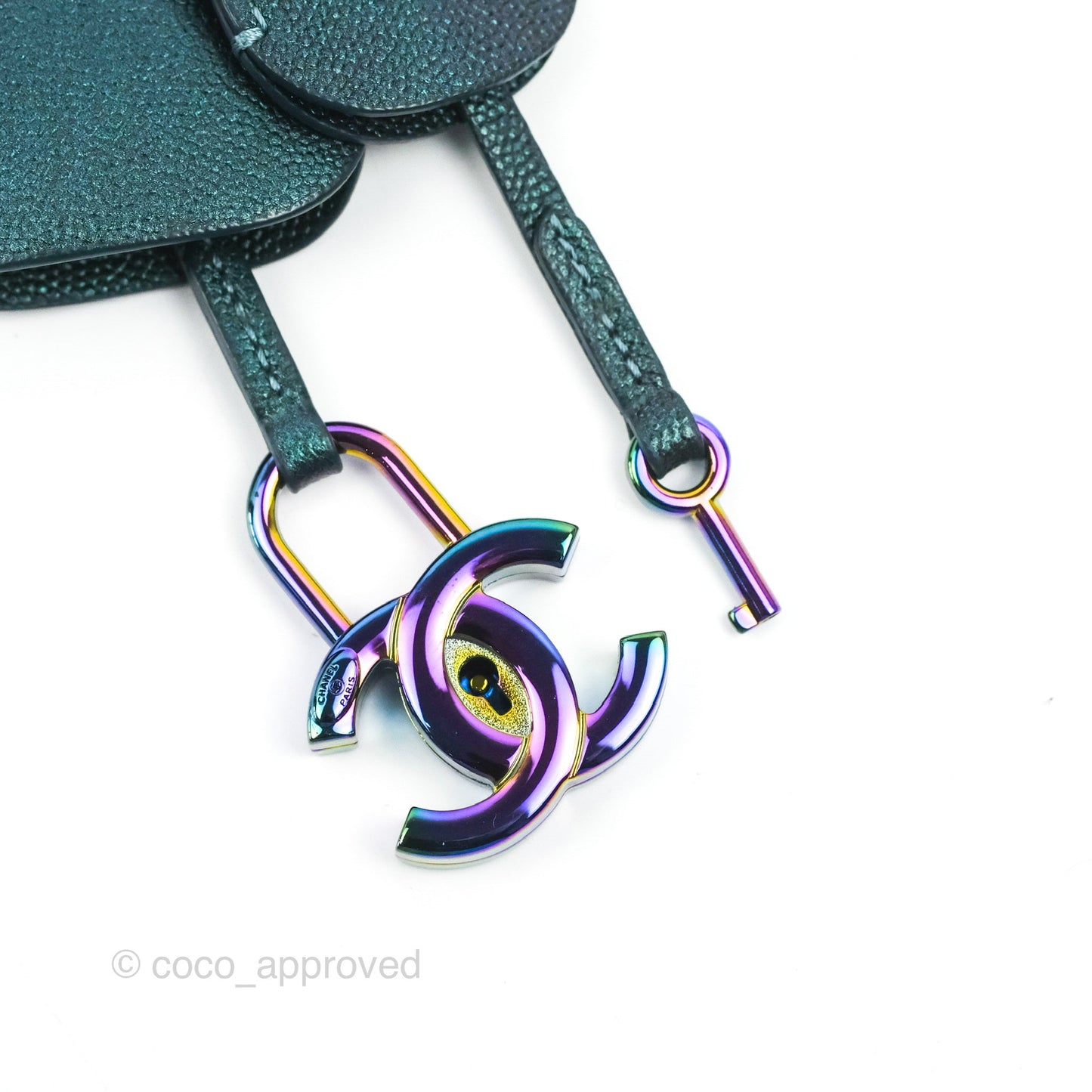 Chanel Quilted Medium CC Filigree Vanity Case Iridescent Dark Turquoise Caviar Rainbow Hardware
