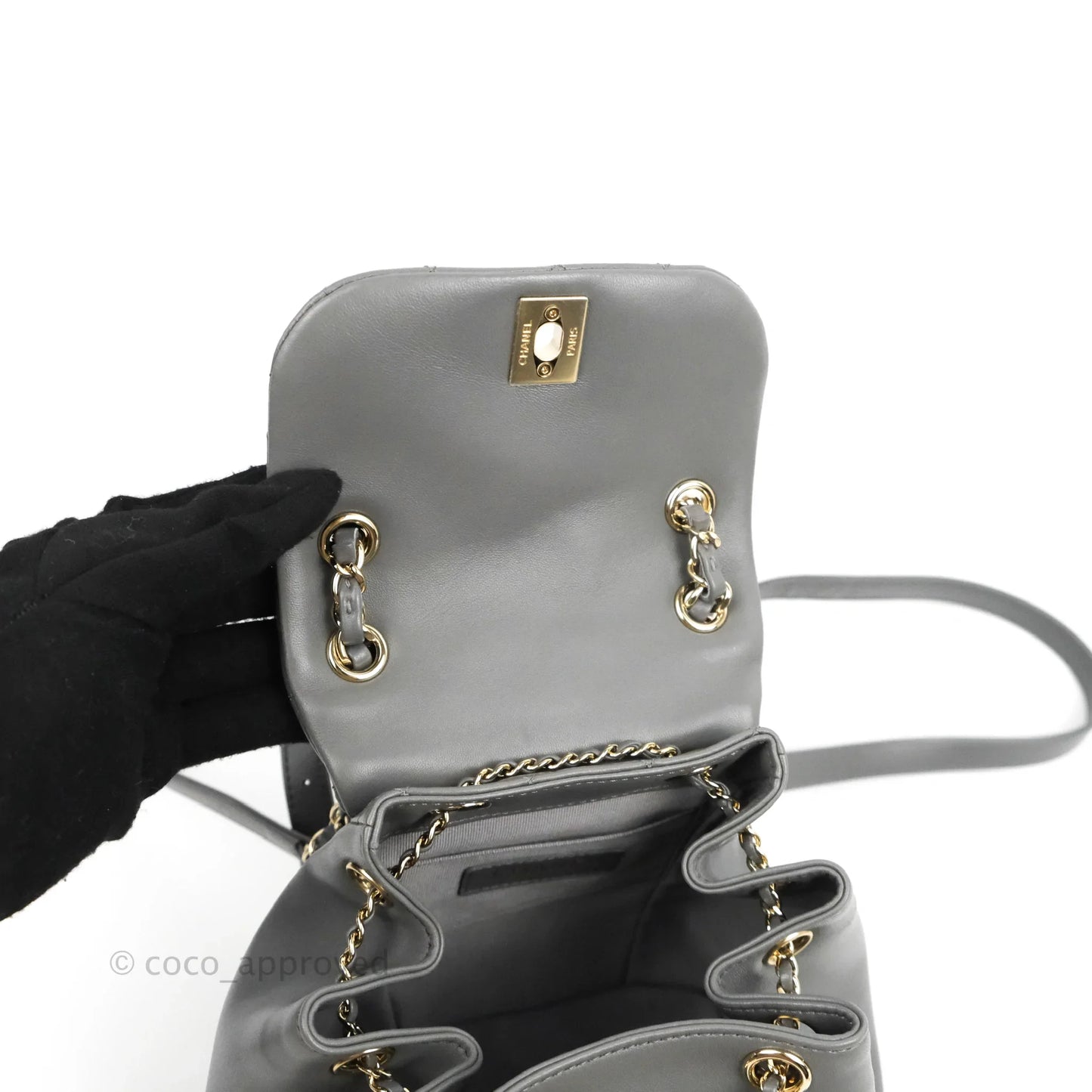 Chanel Quilted Small Duma Drawstring Backpack Grey Lambskin