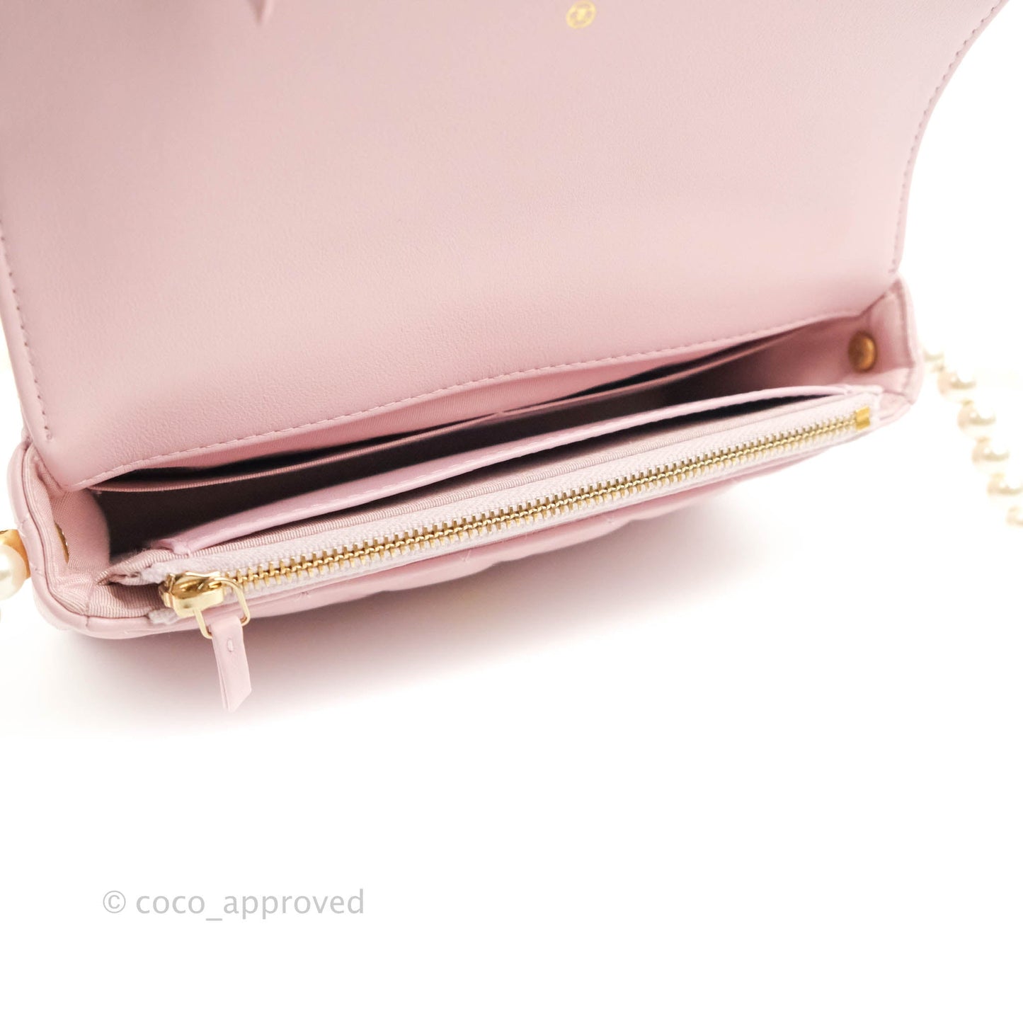 Chanel Quilted Wallet On Chain WOC With Pearl Chain Pink Aged Gold Hardware