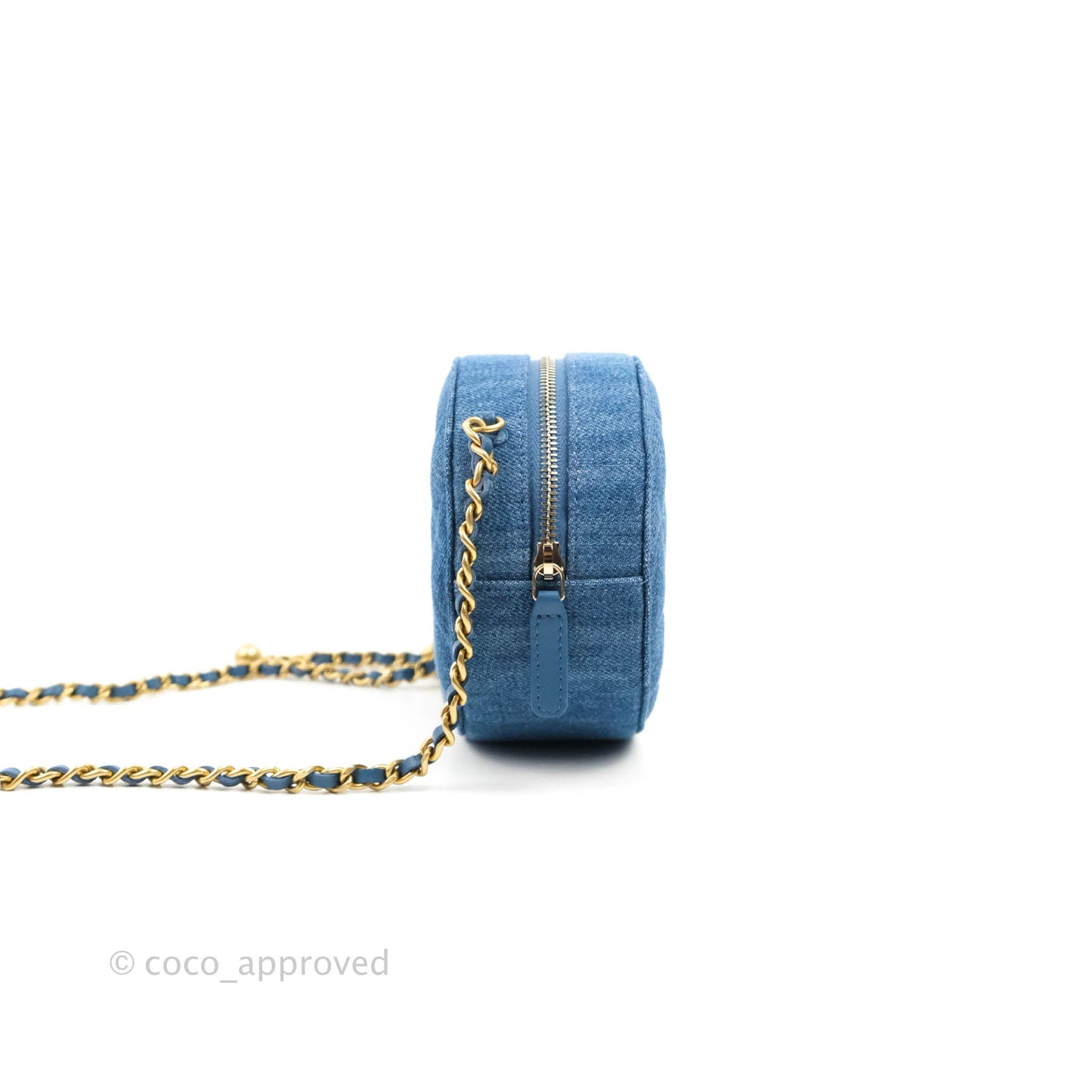 Chanel Quilted Pearl Crush Round Clutch With Chain Denim Aged Gold Hardware