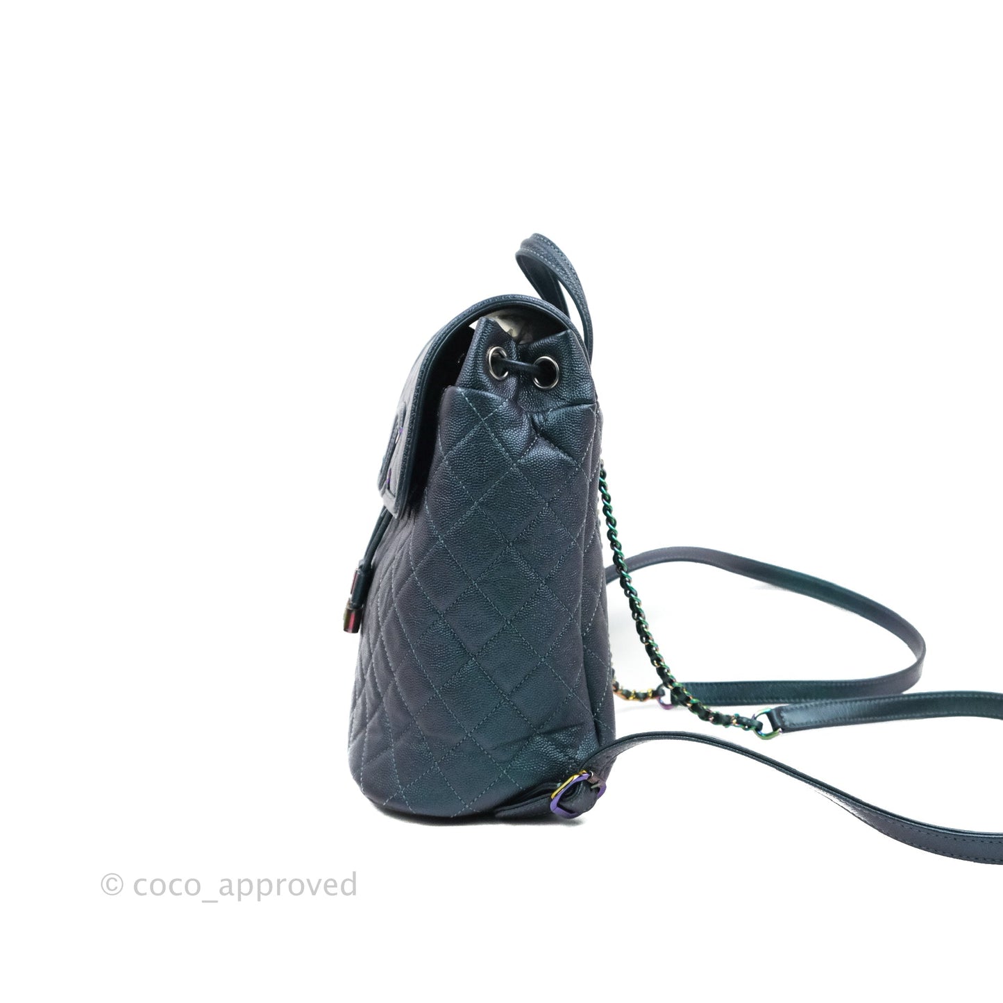 Chanel Quilted CC Filigree Backpack Caviar Iridescent Dark Turquoise Rainbow Hardware