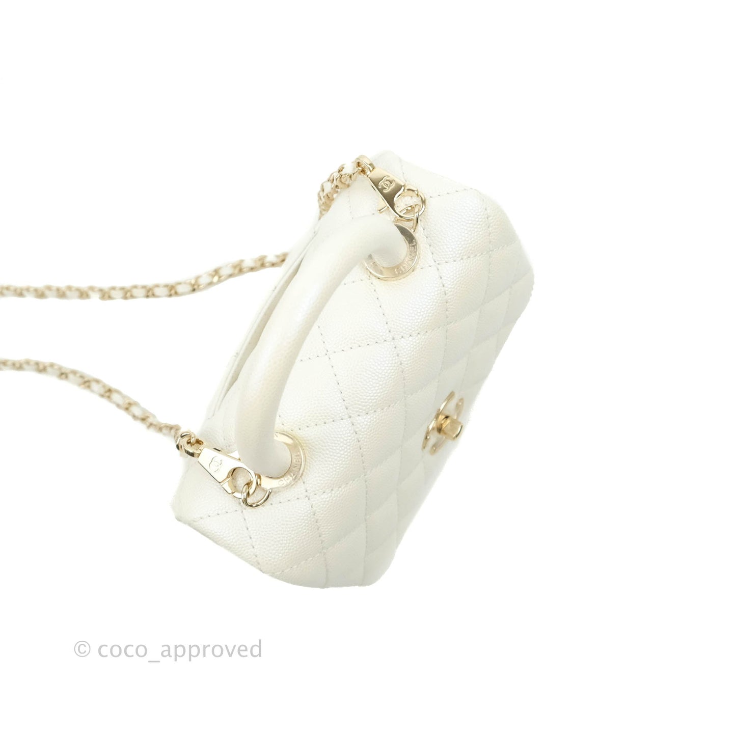 Chanel Mini Coco Handle Quilted Iridescent White Caviar Gold Hardware