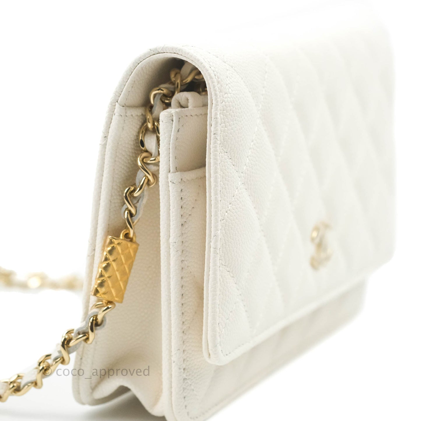 Chanel Quilted WOC White Caviar Gold Hardware With Charms