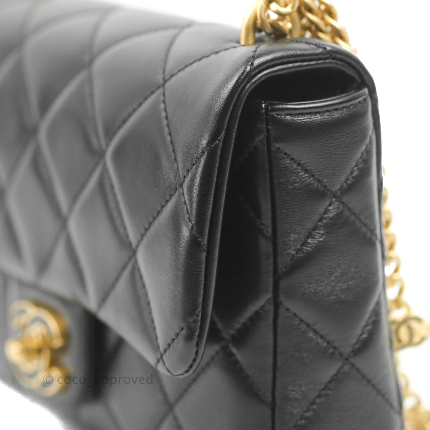 Chanel Quilted Pending CC Enamel Mini Square Flap Black Lambskin Aged Gold Hardware 22P
