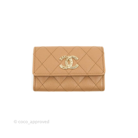 Chanel Quilted Flap Card Holder Dark Beige Caviar Gold Hardware
