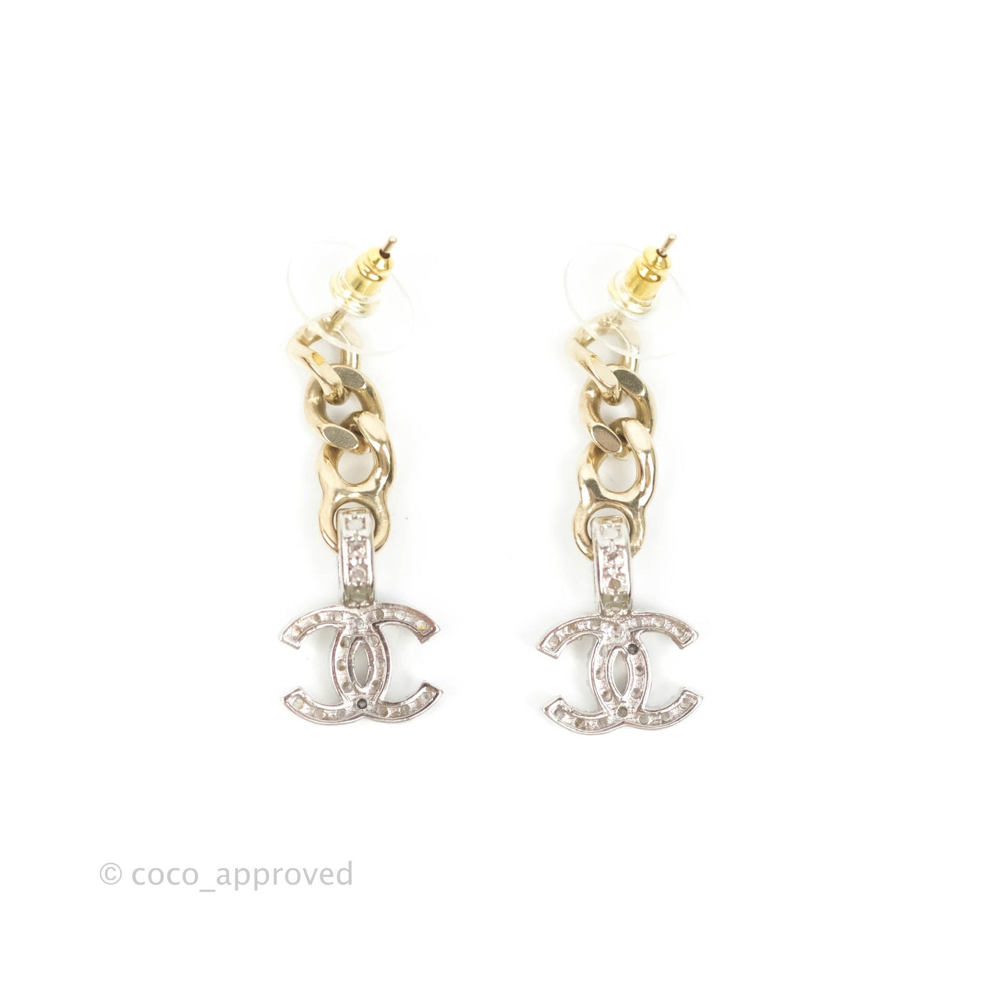 Chanel Metal Crystal CC Chain Drop Earrings Gold Tone 22S