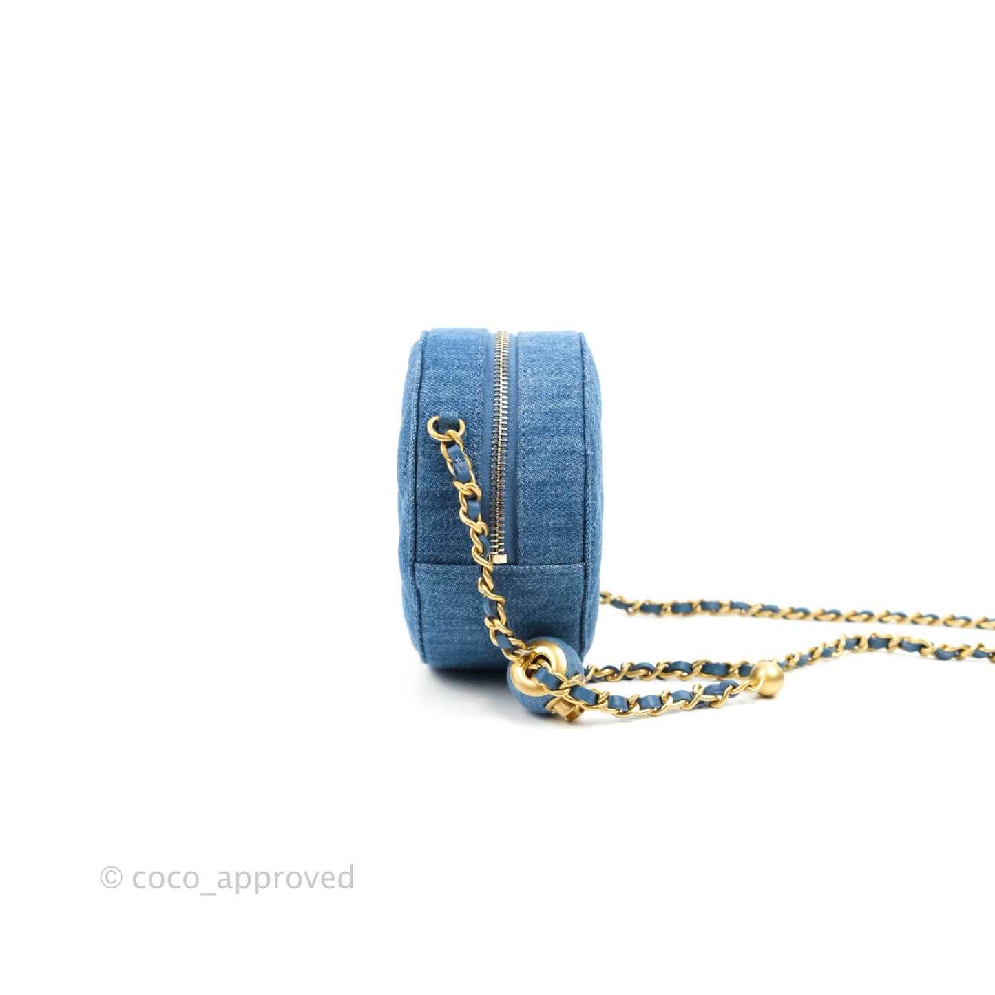 Chanel Quilted Pearl Crush Round Clutch With Chain Denim Aged Gold Hardware