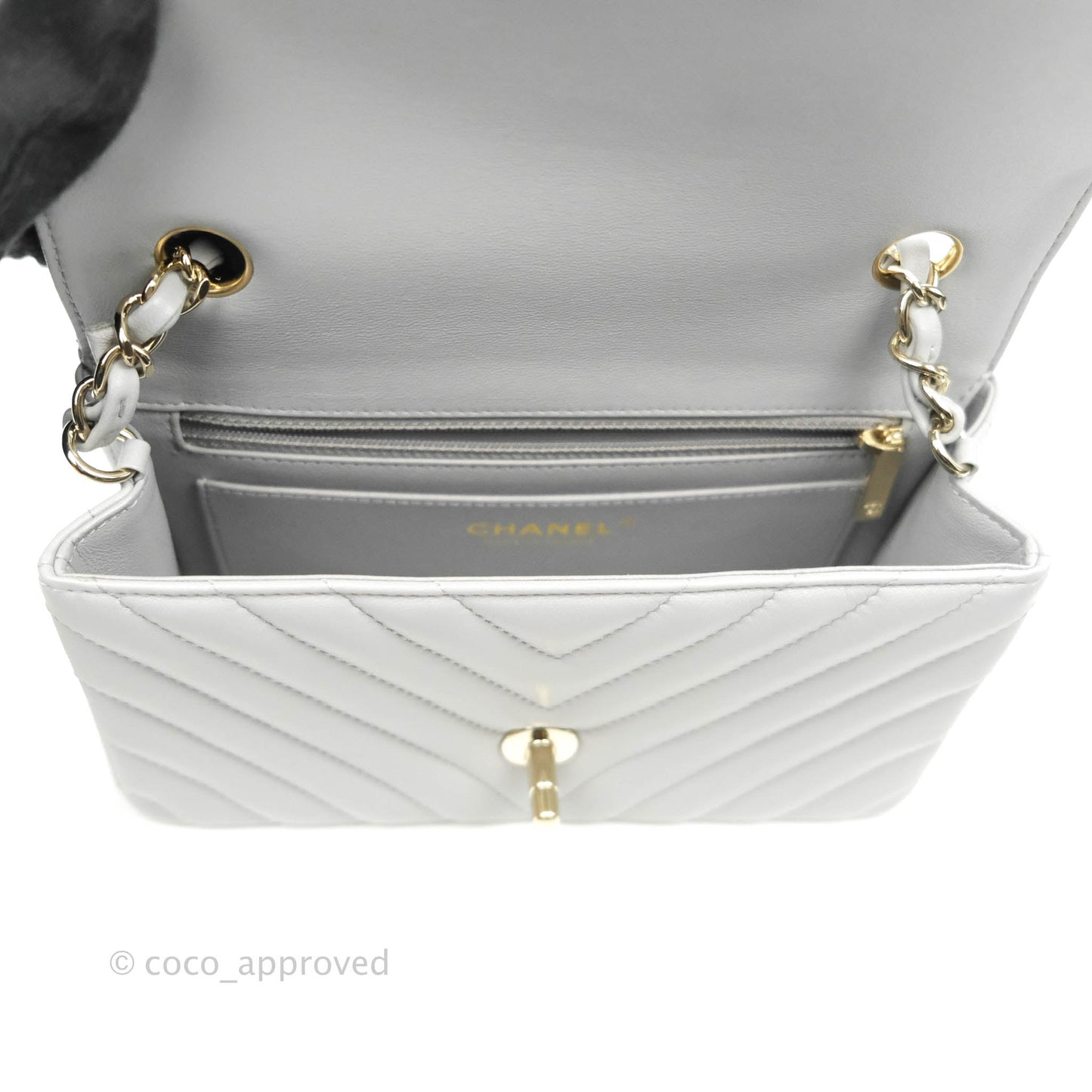 Chanel Chevron Mini Rectangular Flap Grey Lambskin Gold Hardware 20S