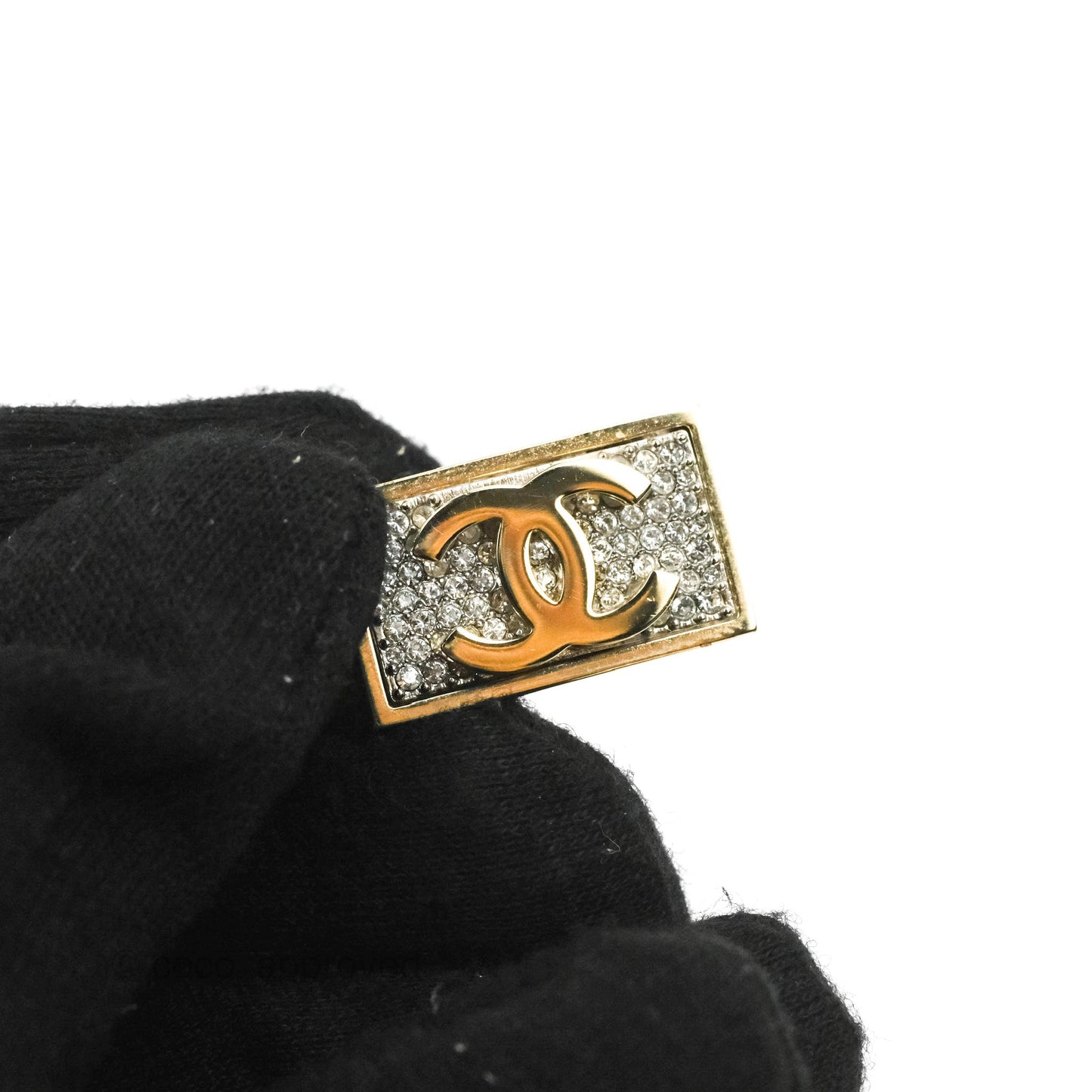 Chanel Chain CC Crystal Plate Drop Earrings Gold Tone 21C