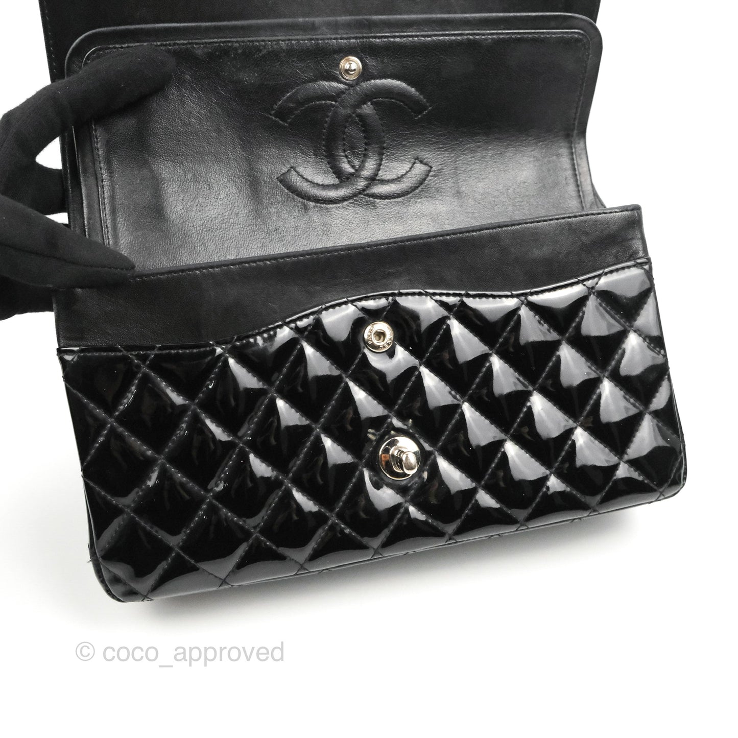 Chanel Classic M/L Medium Flap Quilted Black Patent Silver Hardware