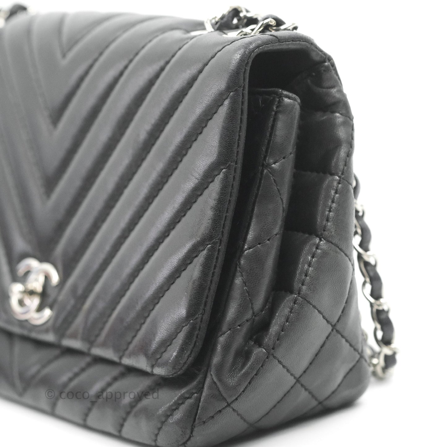 Chanel Quilted Large Single Flap Chevron Black Lambskin Silver Hardware