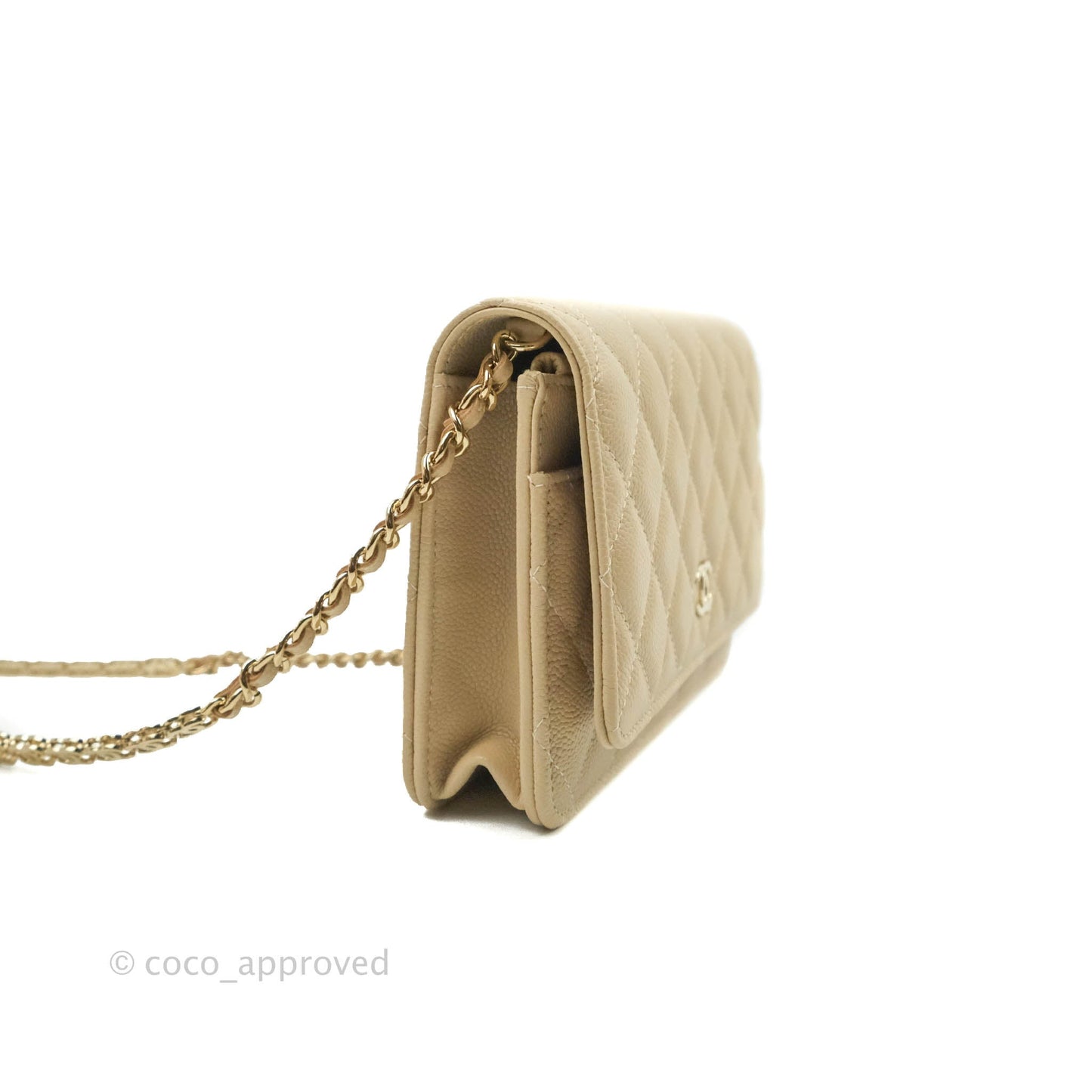 Chanel Quilted Wallet on Chain WOC Beige Caviar Gold Hardware