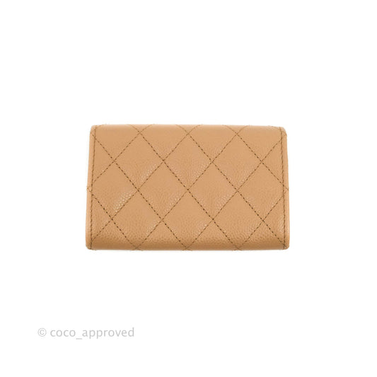 Chanel Quilted Flap Card Holder Dark Beige Caviar Gold Hardware