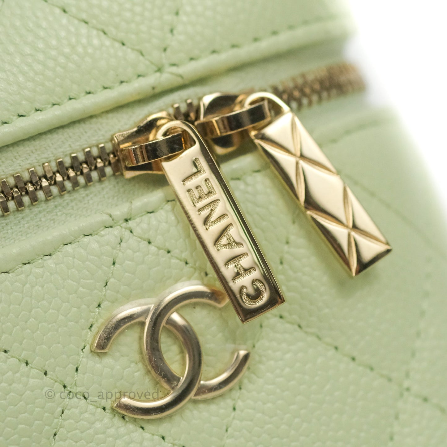 Chanel Quilted Small Handle With Care Vanity Case With Chain Green Caviar Gold Hardware