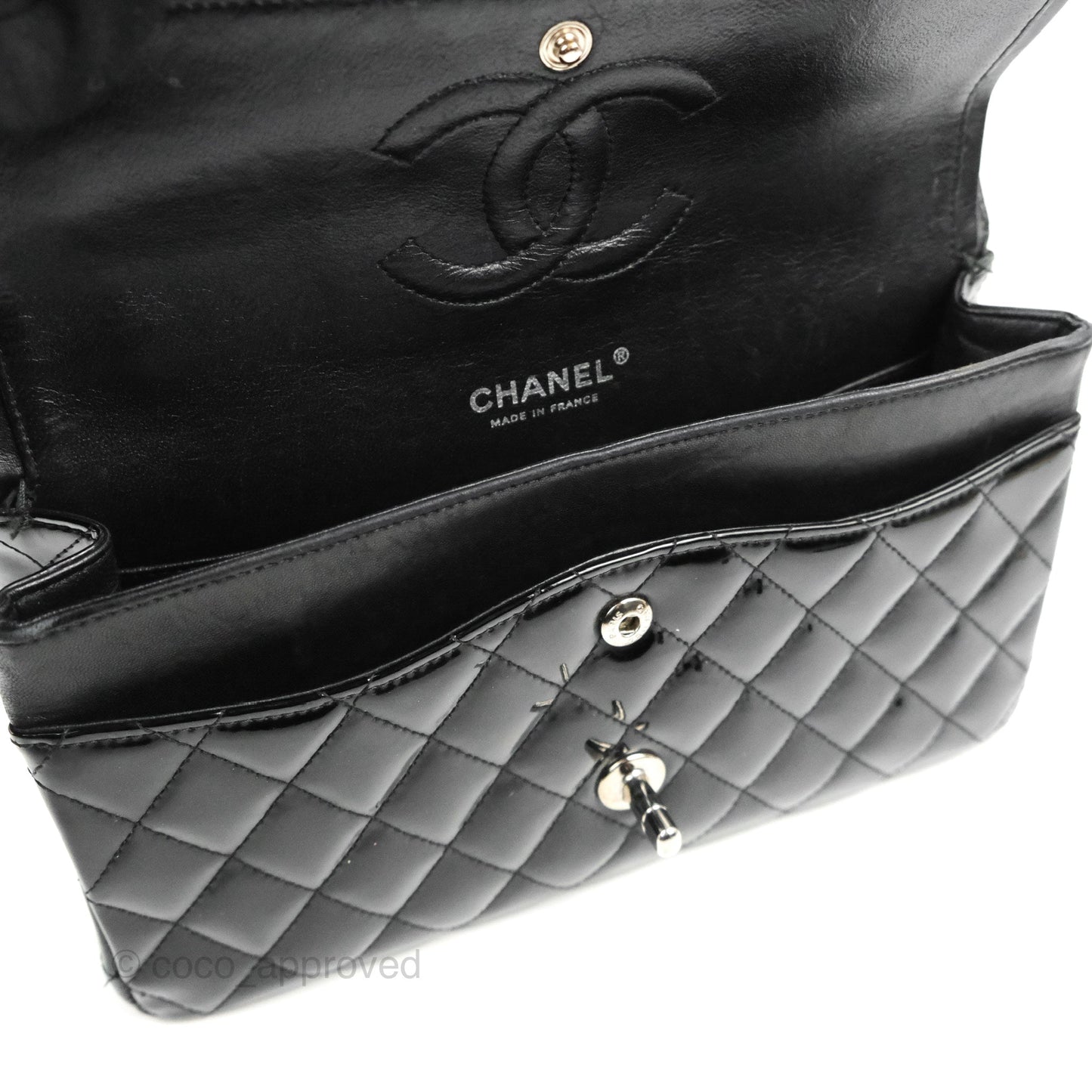 Chanel Classic M/L Medium Flap Quilted Black Patent Silver Hardware