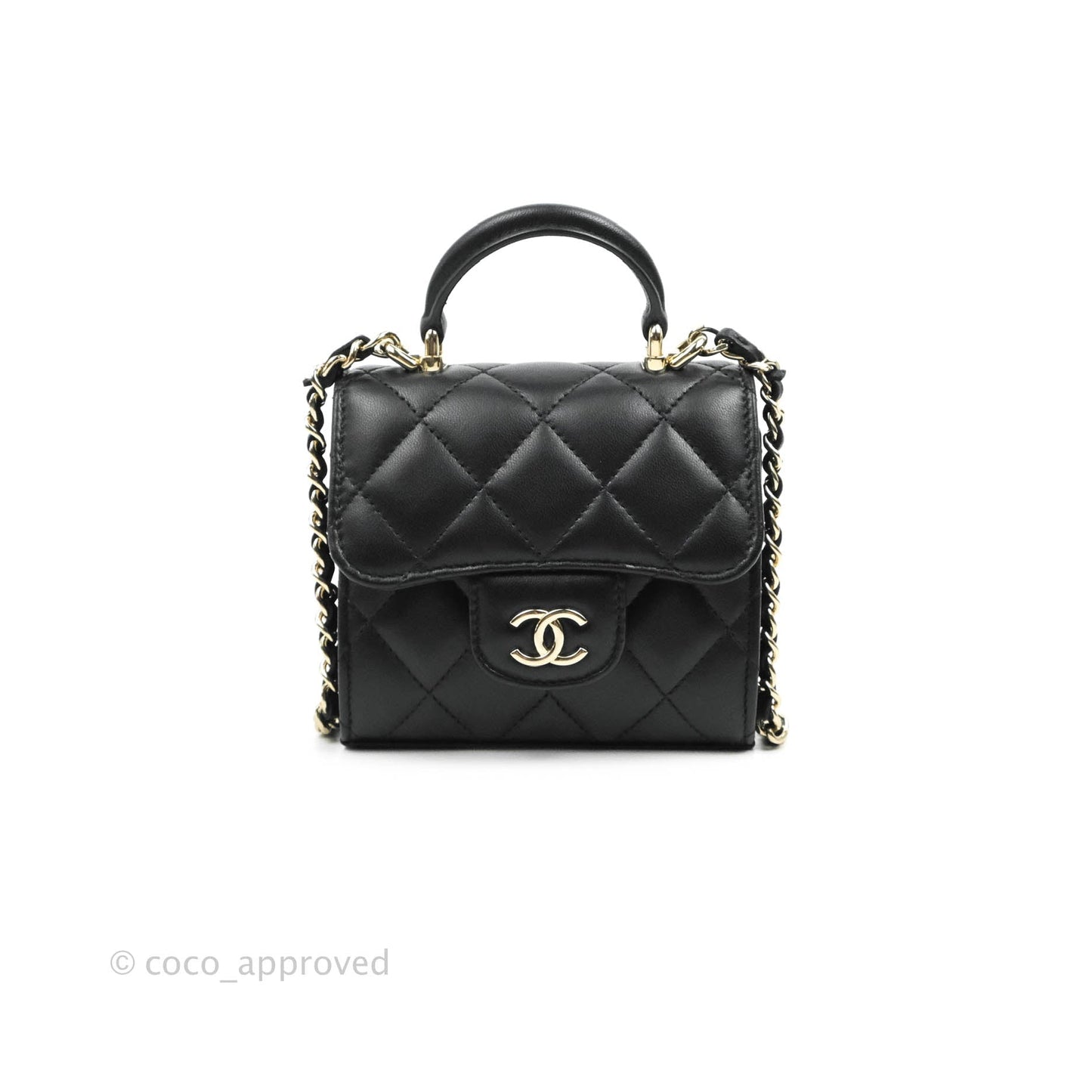 Chanel Mini Handle Clutch With Chain Black Lambskin Gold Hardware 22P