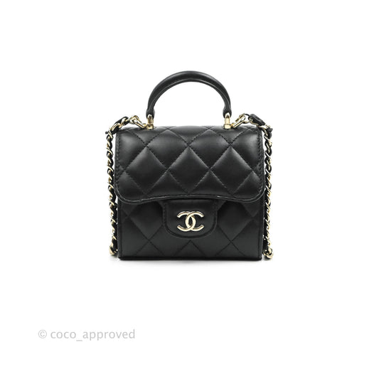 Chanel Mini Handle Clutch With Chain Black Lambskin Gold Hardware 22P
