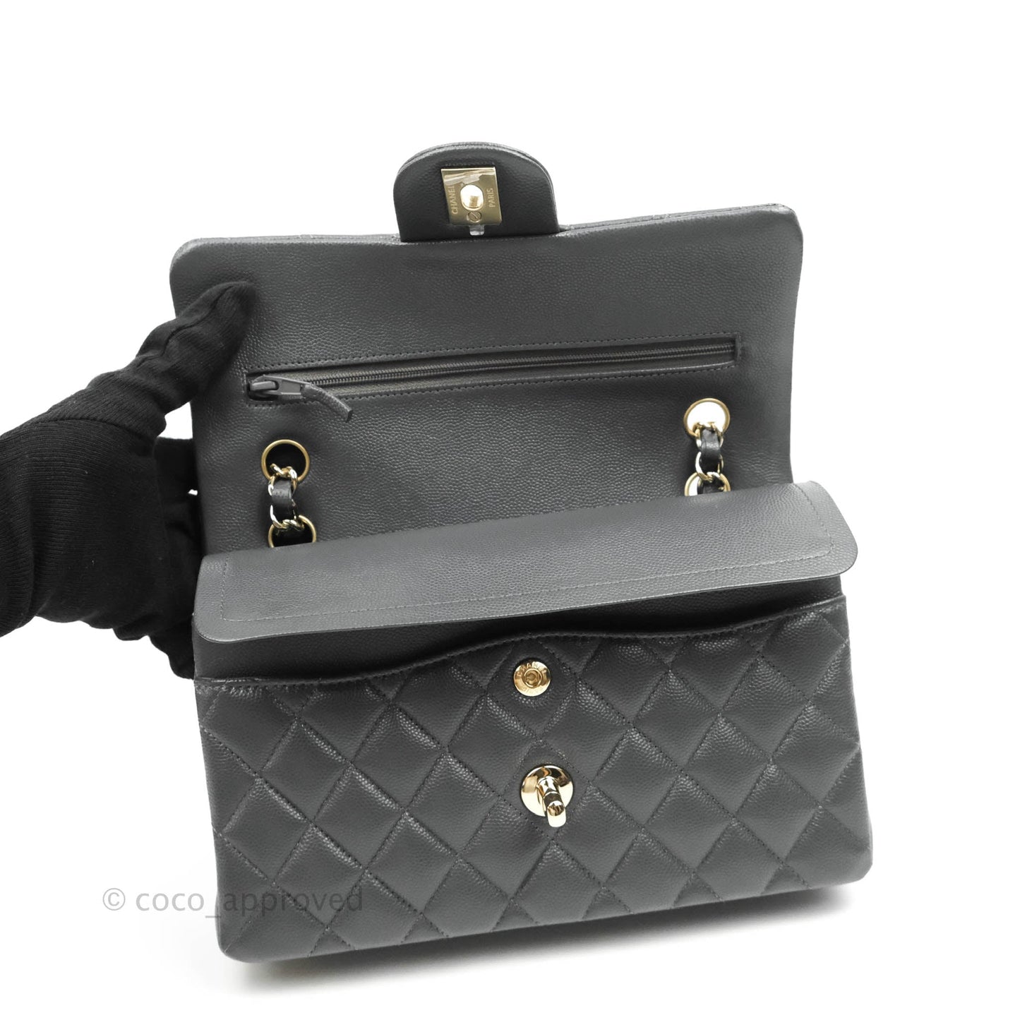 Chanel Classic Small S/M Flap Dark Grey Caviar Gold Hardware 21B