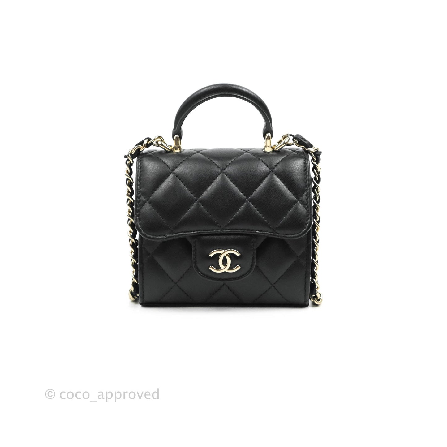 Chanel Mini Handle Clutch With Chain Black Lambskin Gold Hardware 22P