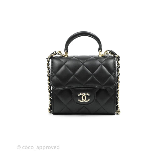 Chanel Mini Handle Clutch With Chain Black Lambskin Gold Hardware 22P