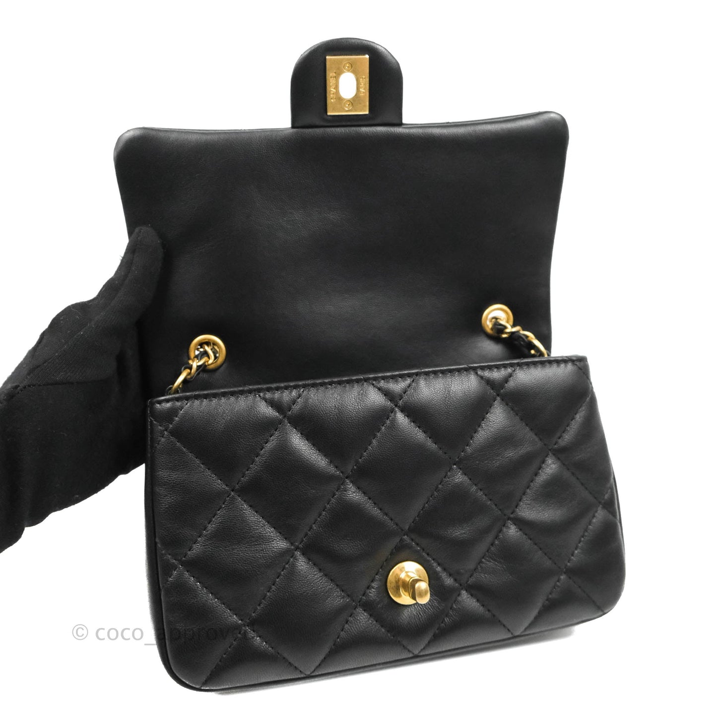 Chanel Mini Flap Bag With Heart CC Charm Black Lambskin Aged Gold Hardware