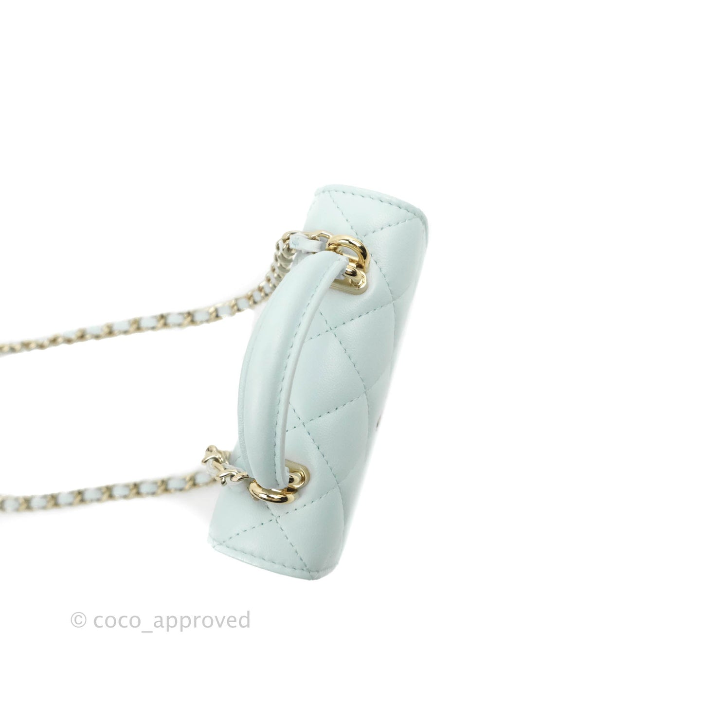 Chanel Mini Handle Flap Coin Purse With Chain Light Blue Lambskin Gold Hardware