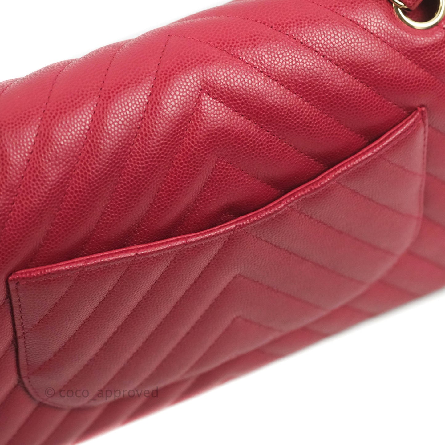 Chanel Classic M/L Medium Chevron Double Flap Cherry Red Caviar Gold Hardware