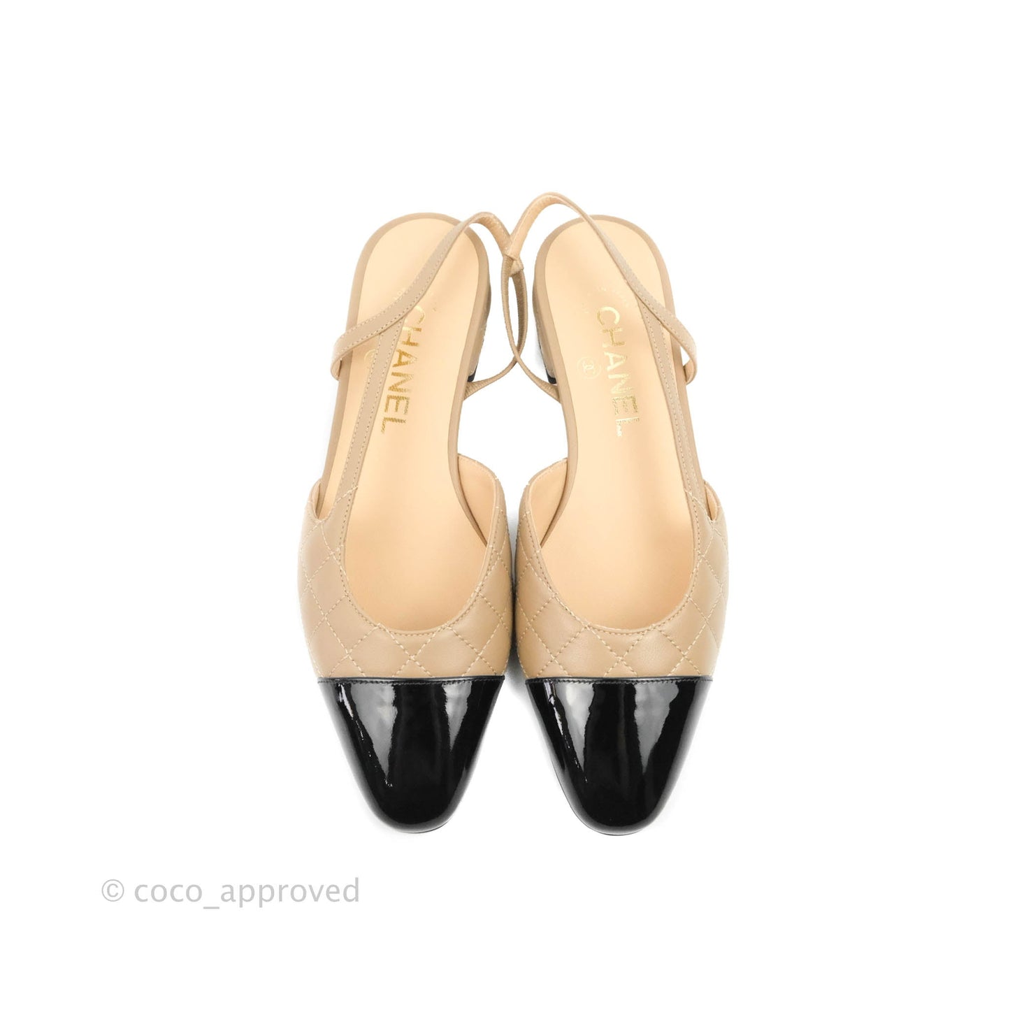 Chanel Patent Calfskin Black & Quilted Beige Lambskin Slingbacks Size 36.5