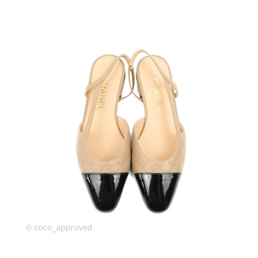 Chanel Patent Calfskin Black & Quilted Beige Lambskin Slingbacks Size 36.5