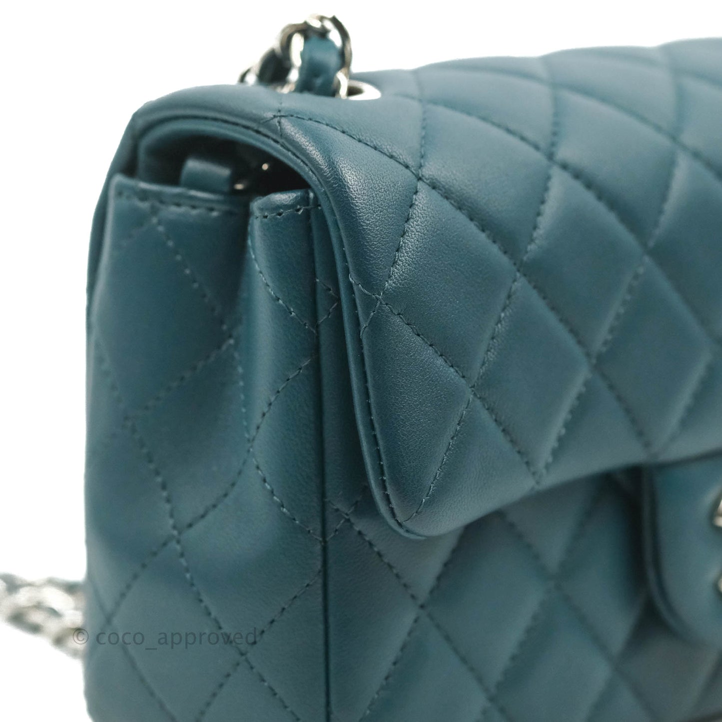Chanel Quilted Mini Rectangular Flap Teal Lambskin Silver Hardware