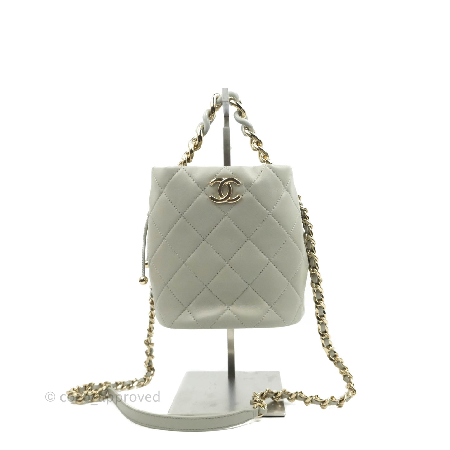 Chanel Quilted Drawstring Bucket Bag Grey Lambskin Gold Hardware 22C