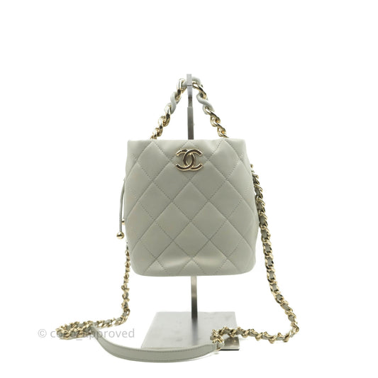 Chanel Quilted Drawstring Bucket Bag Grey Lambskin Gold Hardware 22C
