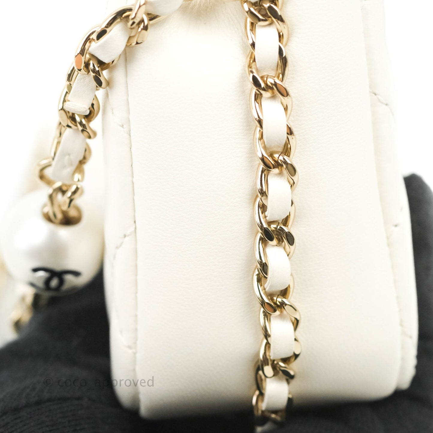 Chanel Small Logo Pearl Chain Flap Bag White Lambskin Gold Hardware