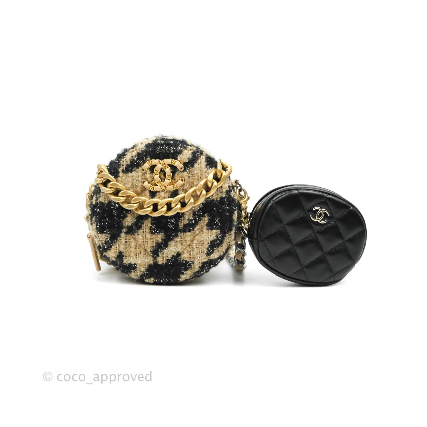 Chanel 19 Houndstooth Tweed Clutch with Chain & Coin Purse Beige Black