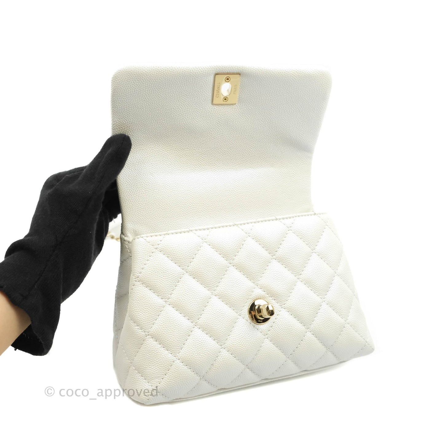 Chanel Mini Coco Handle Quilted Iridescent White Caviar Gold Hardware