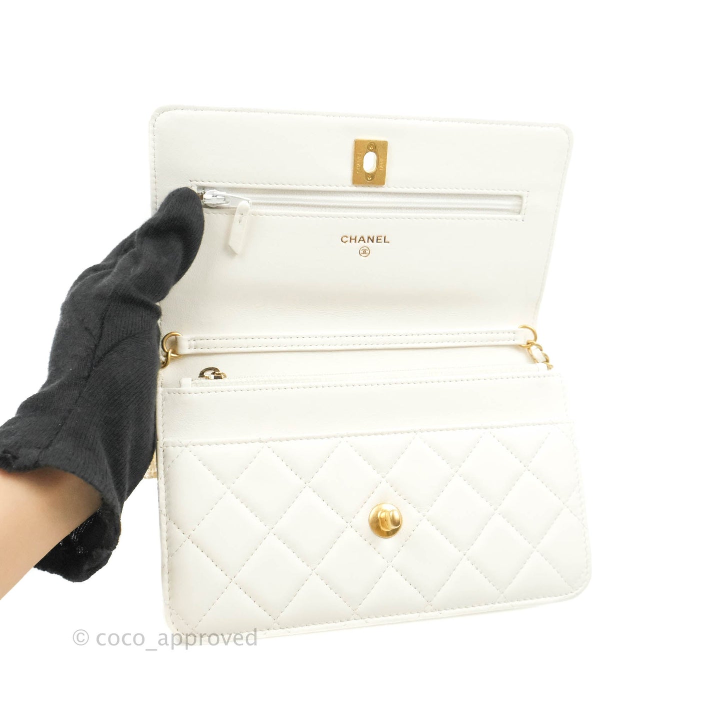 Chanel Quilted Pearl Crush Wallet on Chain WOC White Lambskin Aged Gold Hardware
