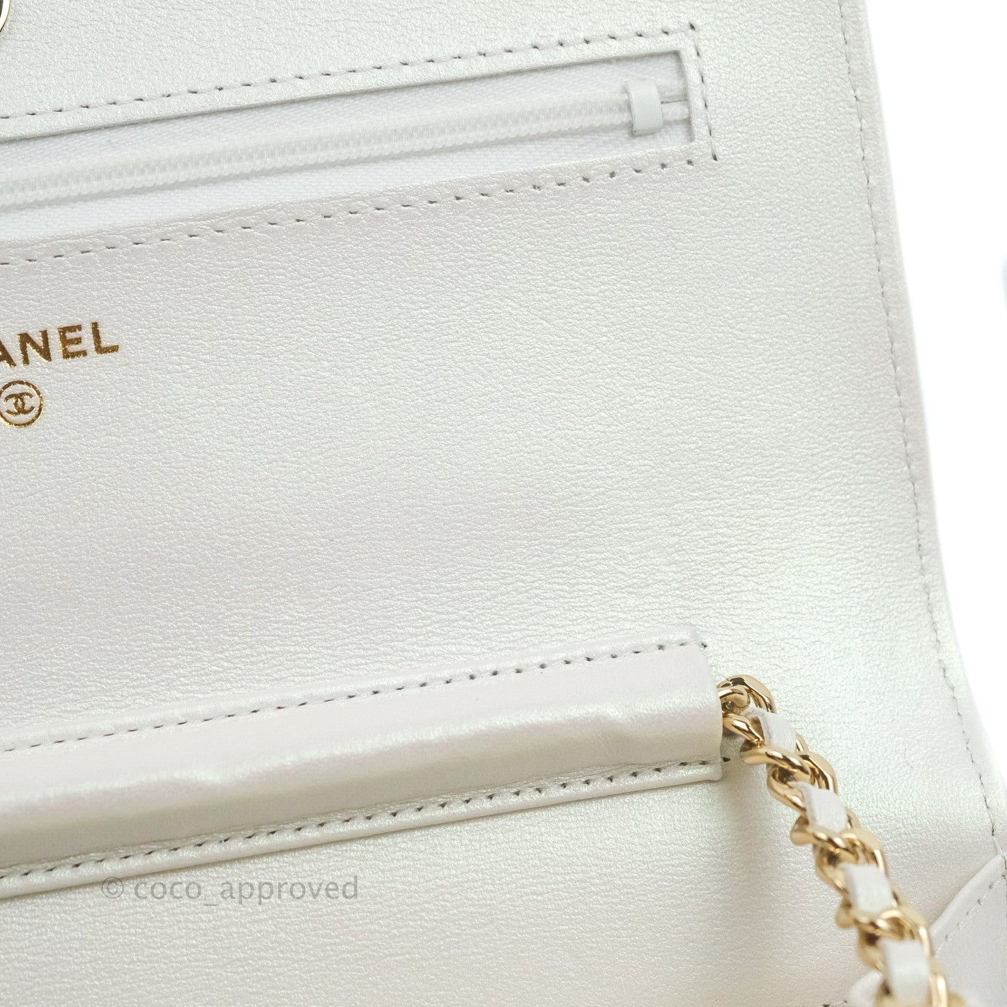 Chanel Quilted Classic Wallet on Chain WOC Iridescent White Lambskin Gold Hardware