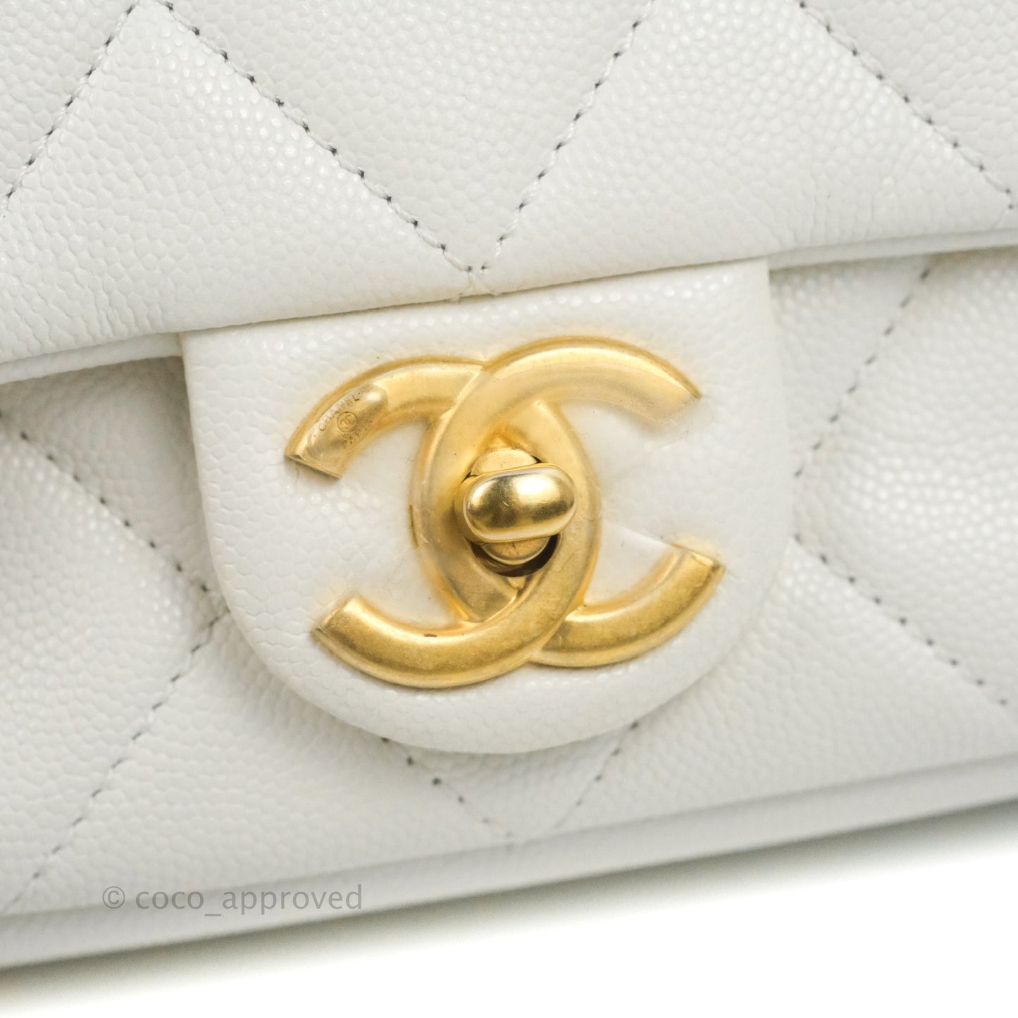 Chanel Mini Flap with Coin Charm White Caviar Aged Gold Hardware 22A