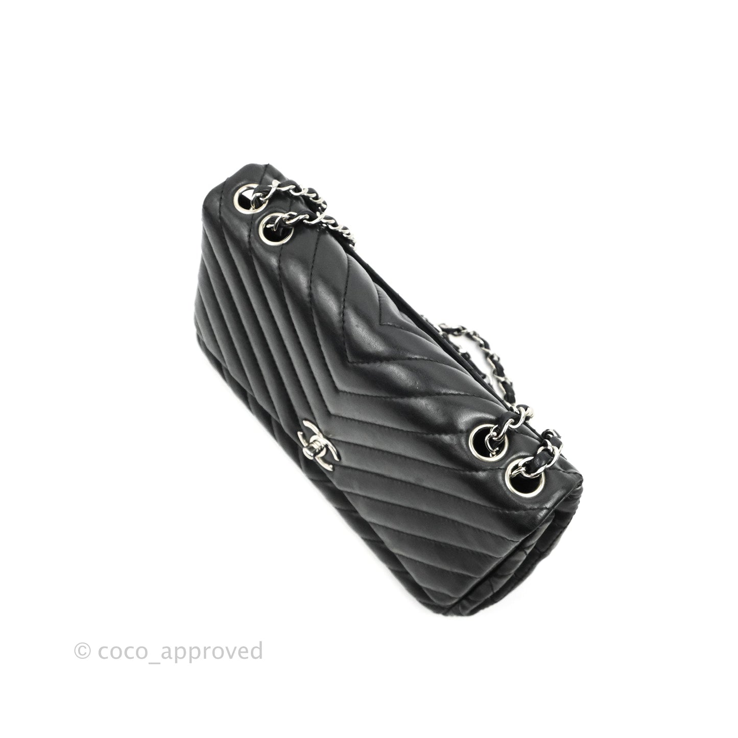 Chanel Quilted Large Single Flap Chevron Black Lambskin Silver Hardware