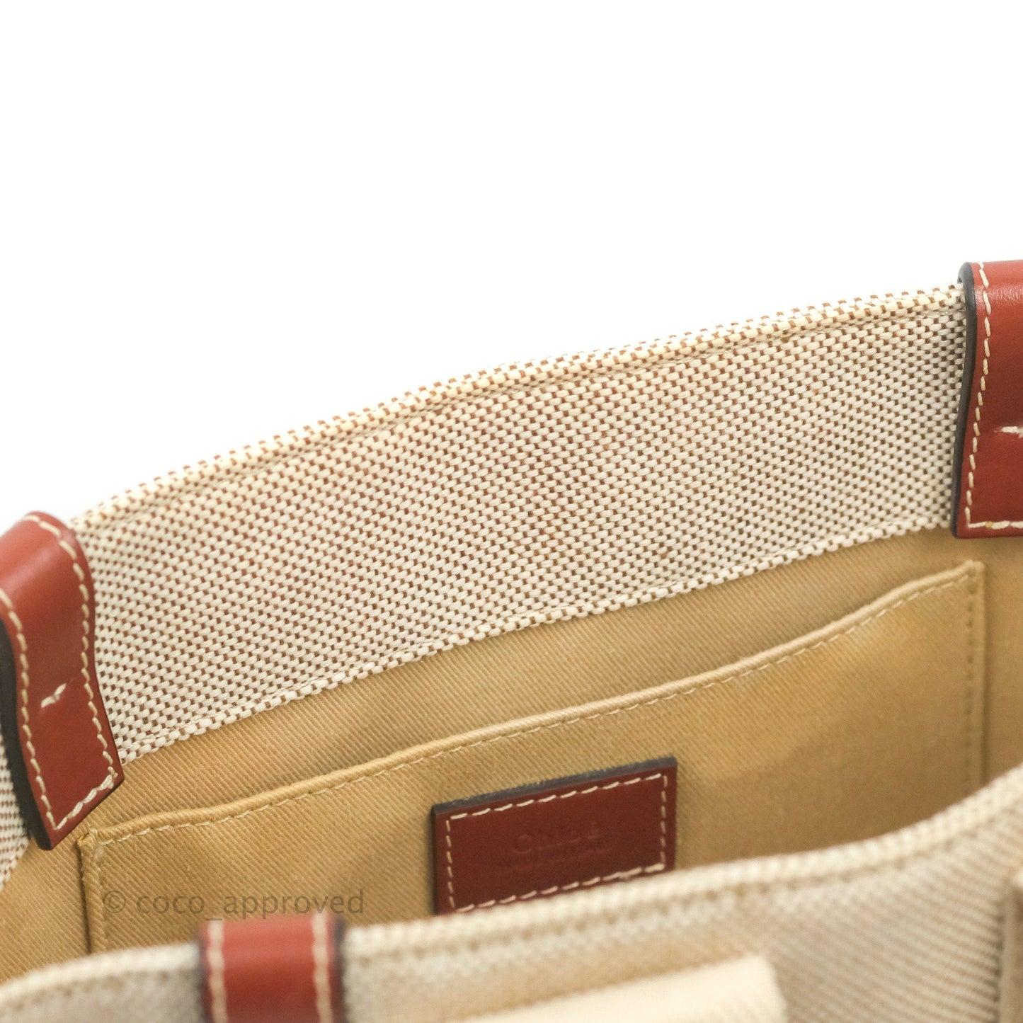 Chloe Small Woody Tote Bag Cotton Canvas & Brown Calfskin with Woody Ribbon
