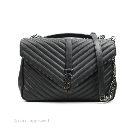 Saint Laurent Chevron Large College Black Chain Bag Ruthenium Hardware
