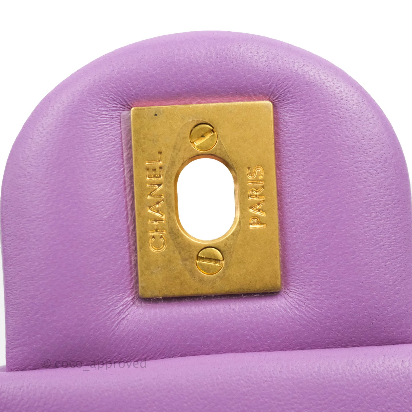 Chanel Mini Square Pearl Crush Quilted Purple Lambskin Aged Gold Hardware