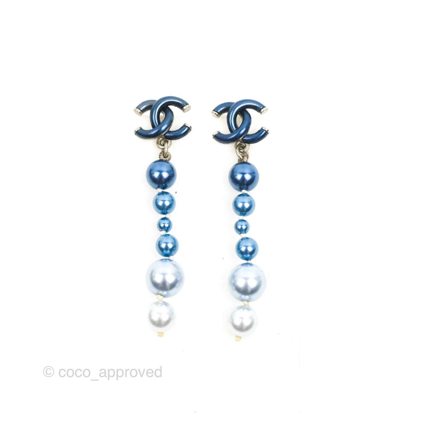 Chanel CC Blue Pearl Drop Earrings Silver Tone 18S