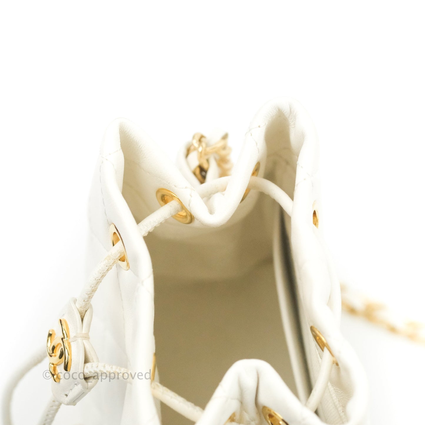 Chanel Quilted Small Drawstring Bucket Bag White Calfskin Gold Hardware