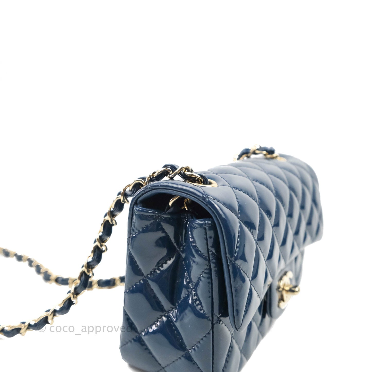 Chanel Quilted Mini Rectangular Flap Navy Patent Leather Gold Hardware