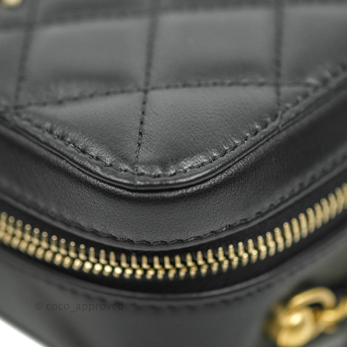 Chanel Mini Pearl Crush Quilted Camera Case Black Lambskin Aged Gold Hardware