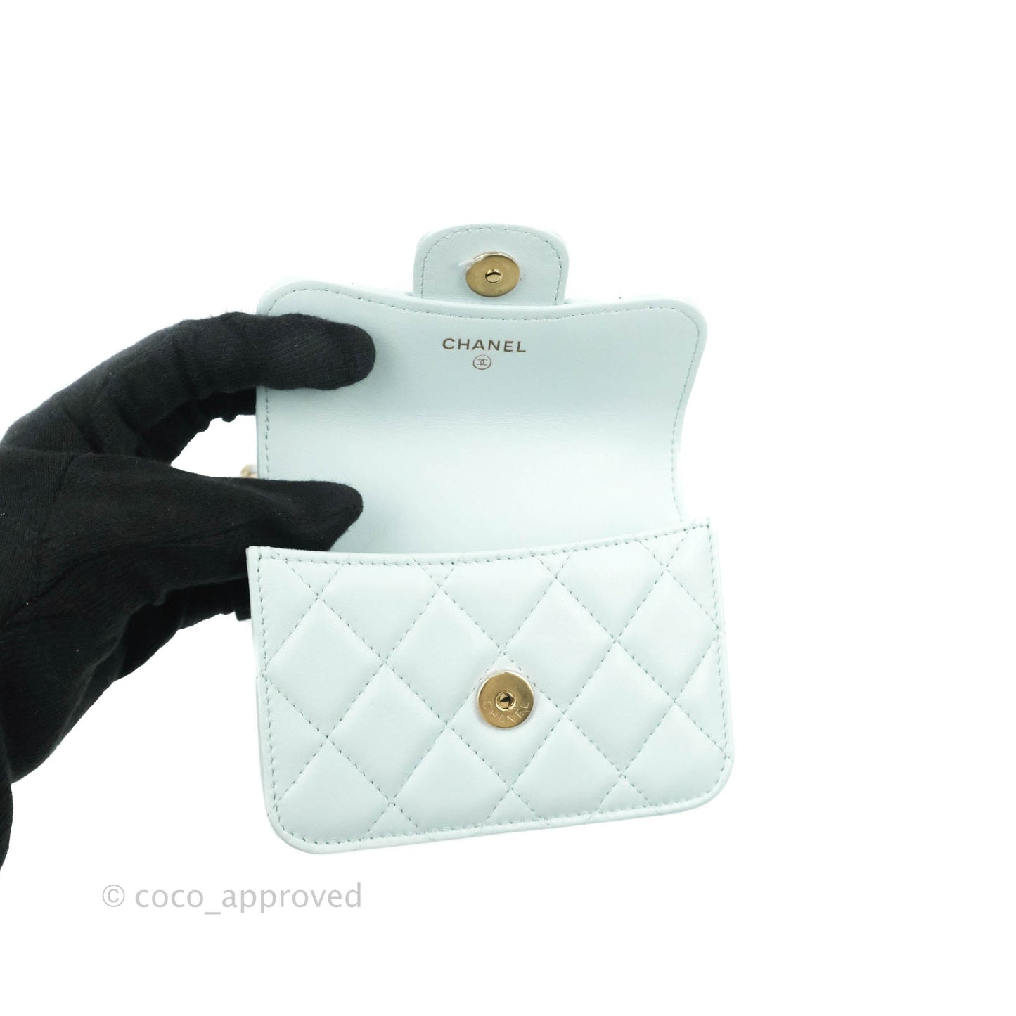 Chanel Mini Handle Flap Coin Purse With Chain Light Blue Lambskin Gold Hardware