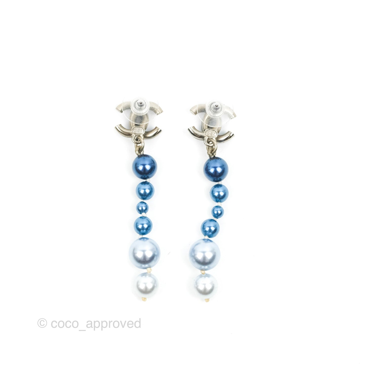 Chanel CC Blue Pearl Drop Earrings Silver Tone 18S